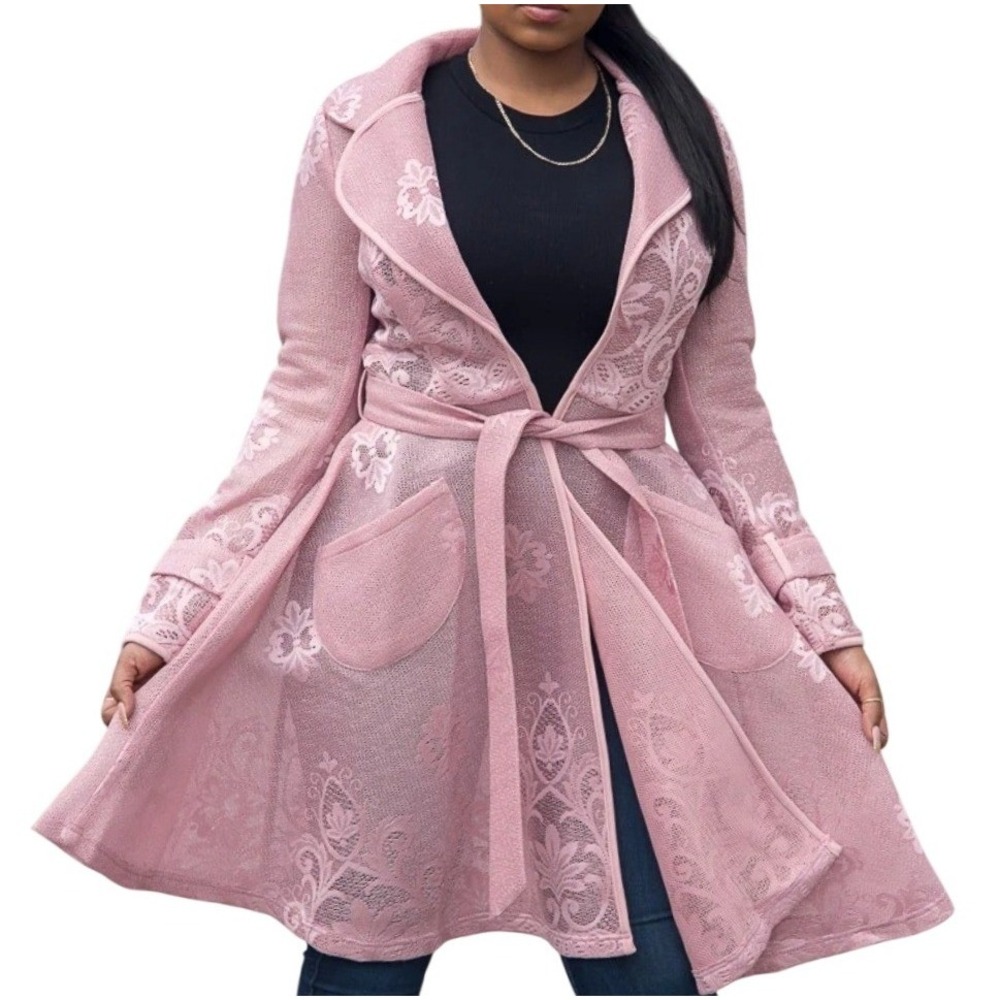 Fashion Nova Lace Trench Coat Womens XL Pink Excellent Floral Mesh Tie Waist